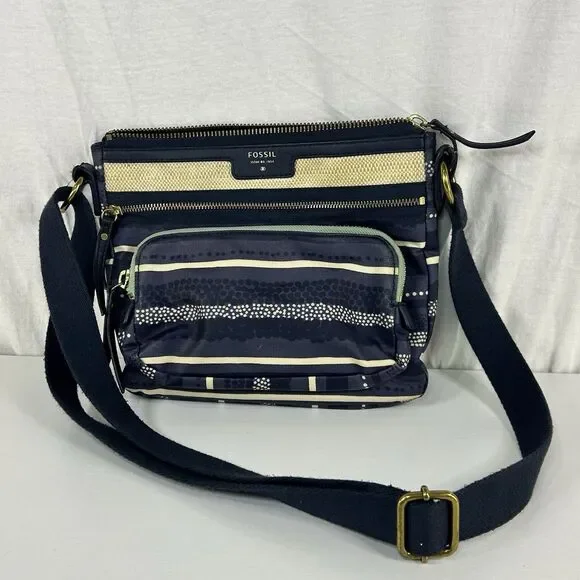 FOSSIL ELIZA Crossbody Blue Multi-Striped Coated Canvas Messenger Bag Purse - Picture 1 of 14